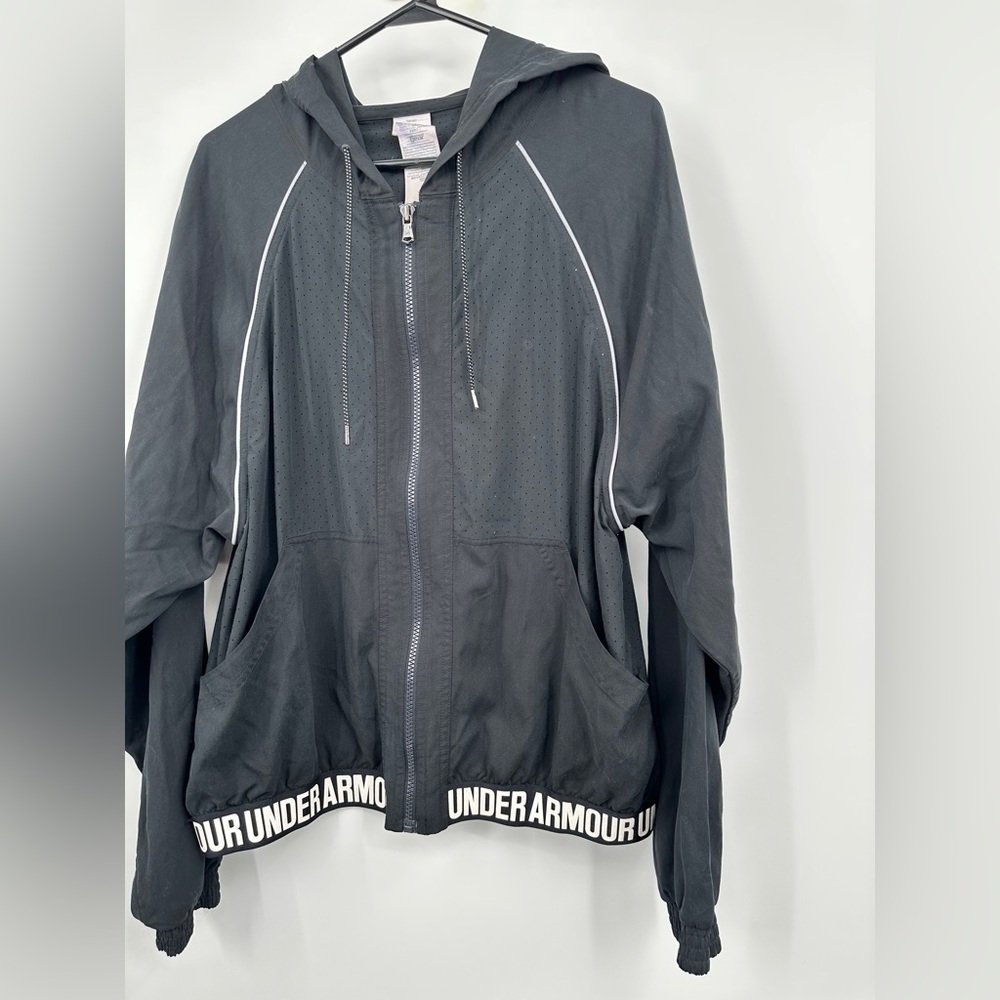Under Armor Black Zip Jacket With Hood, UA logo at bottom spandex waist.